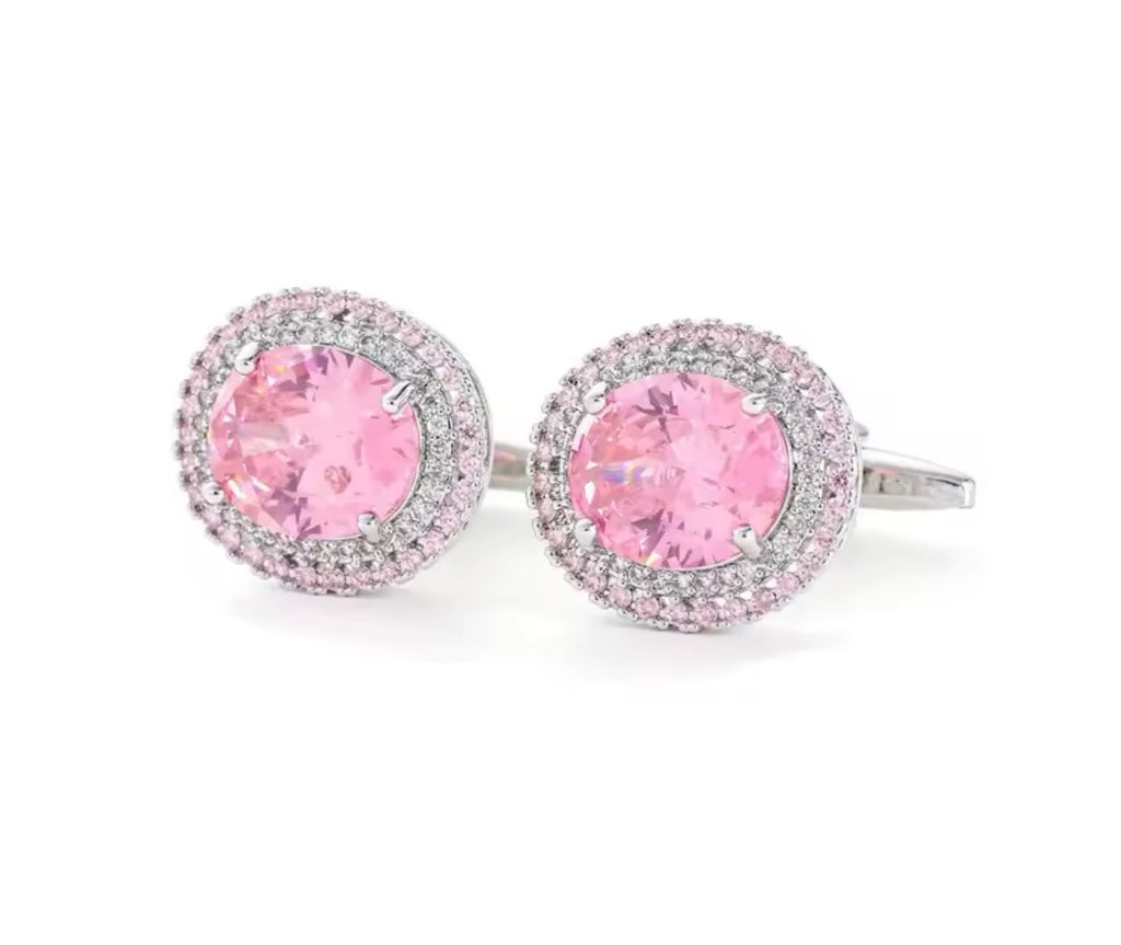 Crystal silver pink round cufflinks