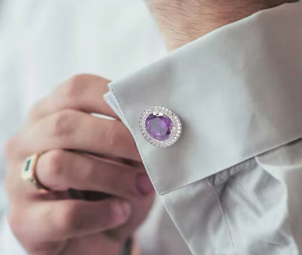 Crystal silver purple oval cufflinks