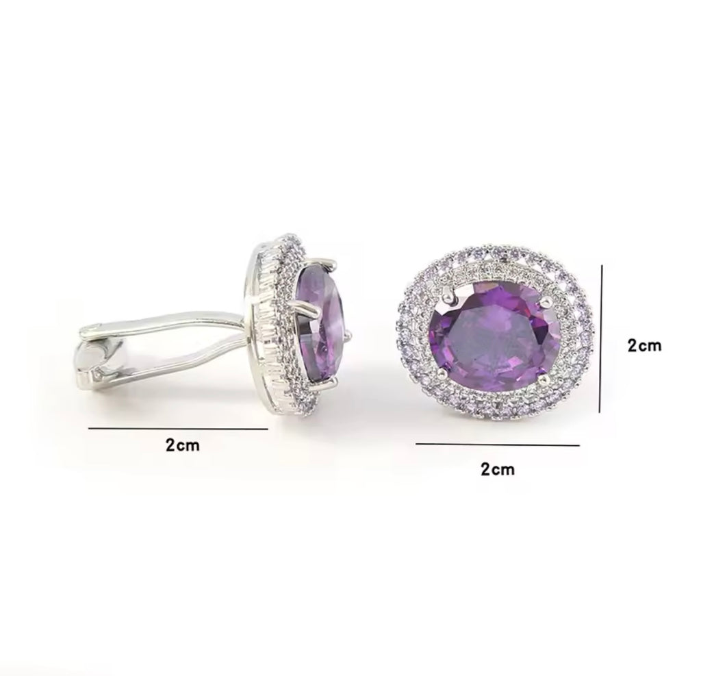 Crystal silver purple oval cufflinks