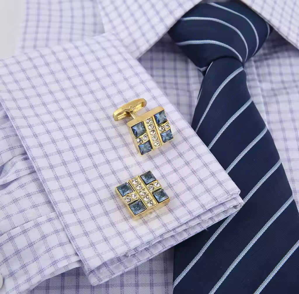 Gold Square blue crystal cufflinks