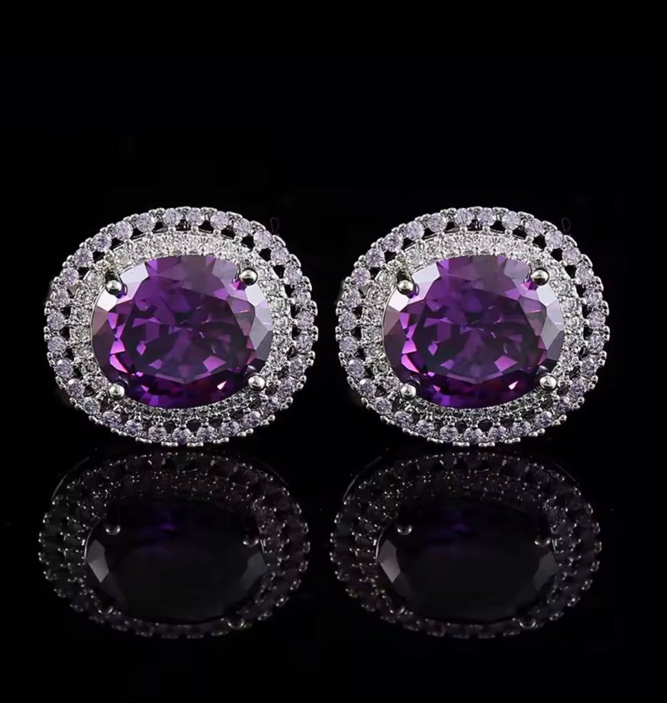 Crystal silver purple oval cufflinks