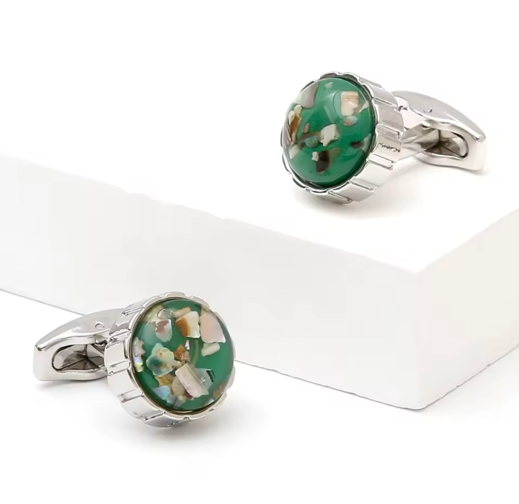 SILVER CASUAL GREEN BUTTON CUFFLINKS