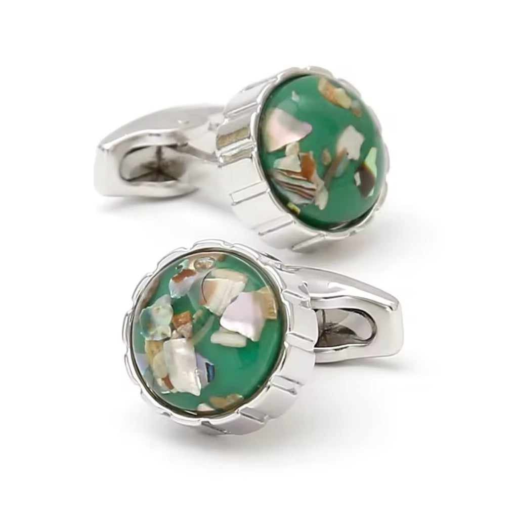 SILVER CASUAL GREEN BUTTON CUFFLINKS