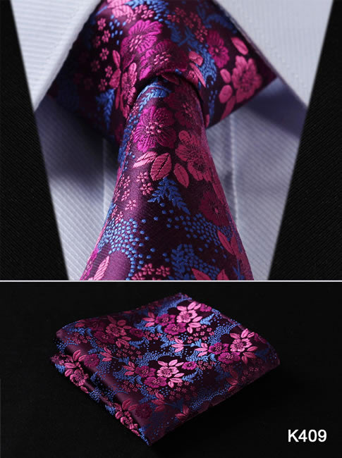 Orange Navy Blue Floral 100%  Silk Tie Necktie Set