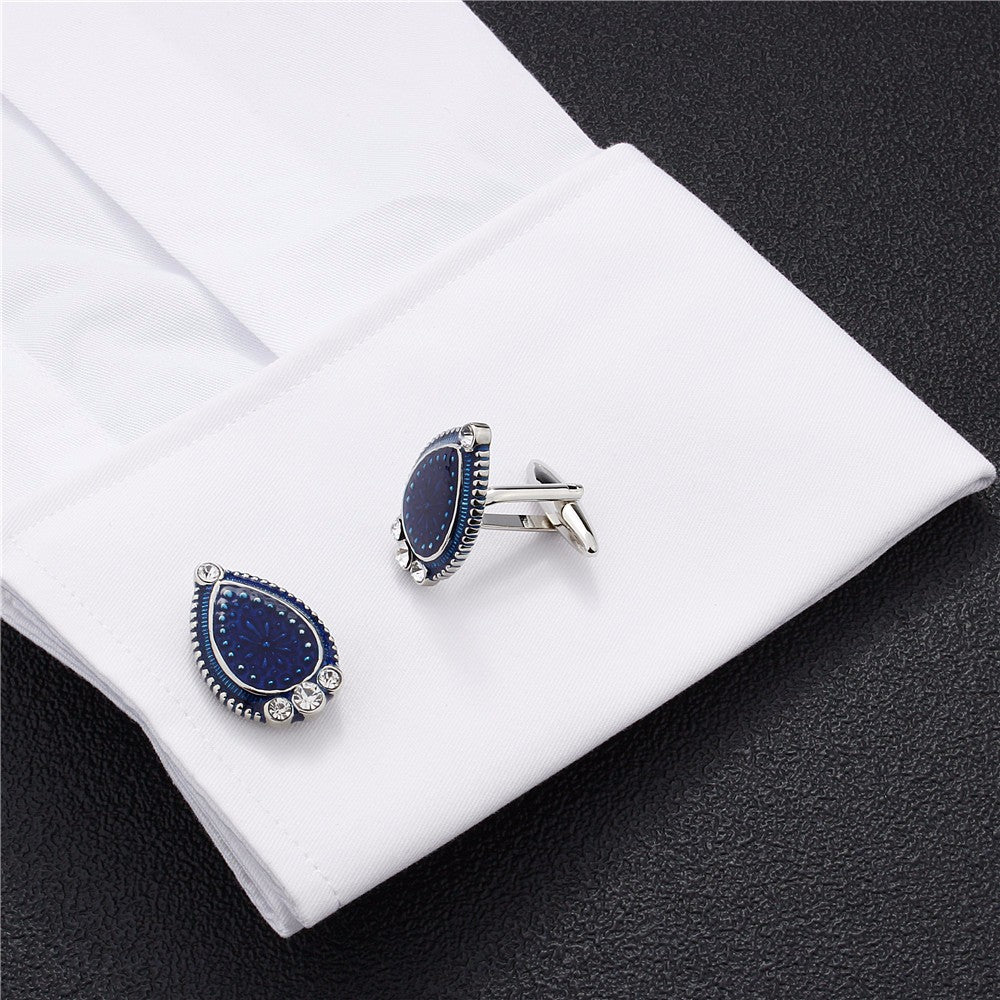 Blue Enamel, Crystal Water Drop  Cufflinks